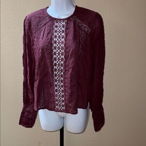 NWT Free People Fig Plum Crochet Insert Detail Button Back Blouse Women’s Size M